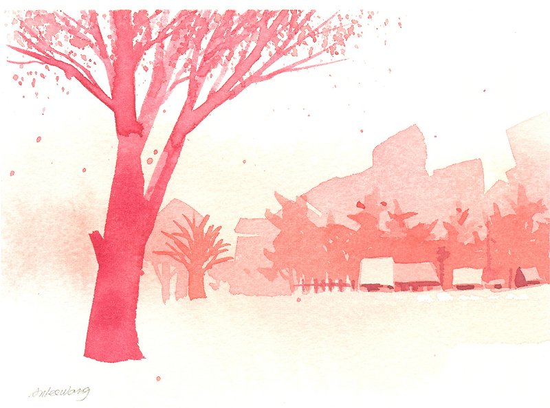 「療癒系樹林系列1-17」水彩手繪限量版明信片/賀卡 - 心意卡/卡片 - 其他材質 紅色