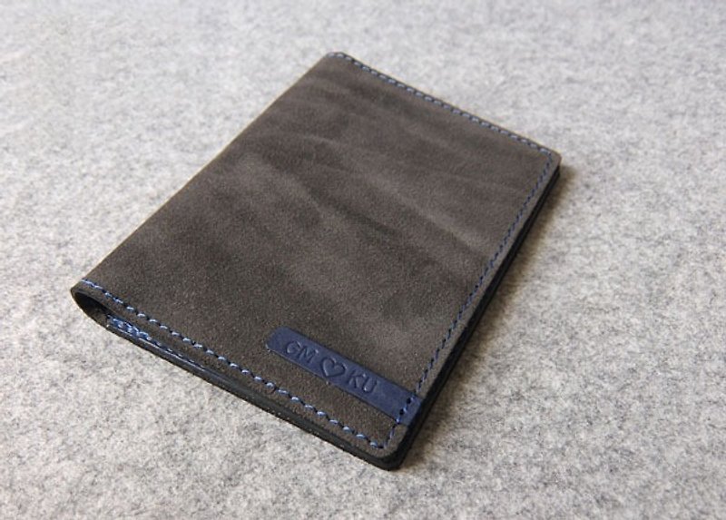 YOURS leather passport holder with dual cards + L clip design. Grey suede + blue - ที่เก็บพาสปอร์ต - หนังแท้ 