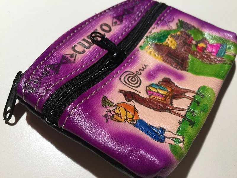多彩祕魯復古圖紋拉鍊零錢/置物包-紫 - 零錢包/小錢包 - 真皮 紫色