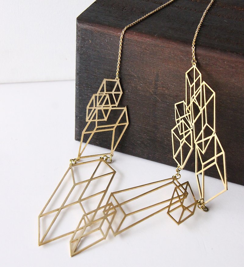 Modern Geometric Cube - Optical Art- Hand craft Necklace - Necklaces - Other Metals Gold