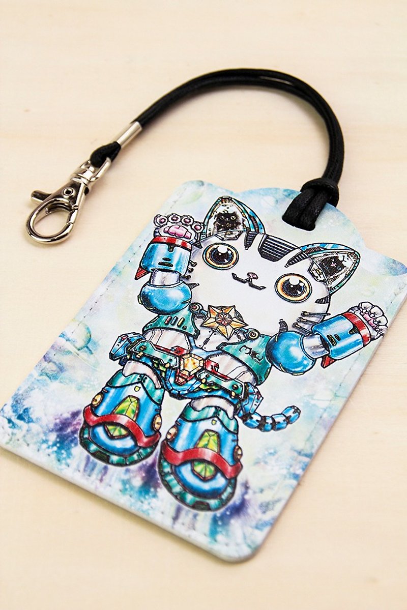 Lanyard Card Holder | Leisure Card Holder | Luggage Tag- Robotic Cat - ID & Badge Holders - Genuine Leather Green