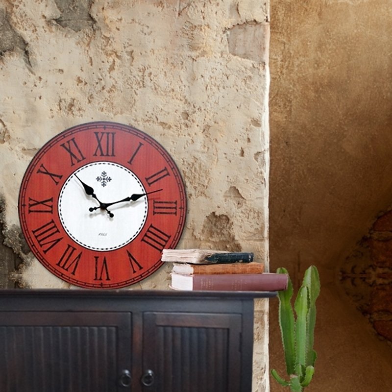 Solid wood retro wall clock- Brown orange gray-Roman numerals-round -30cmX30cm-silent - Clocks - Other Materials Orange