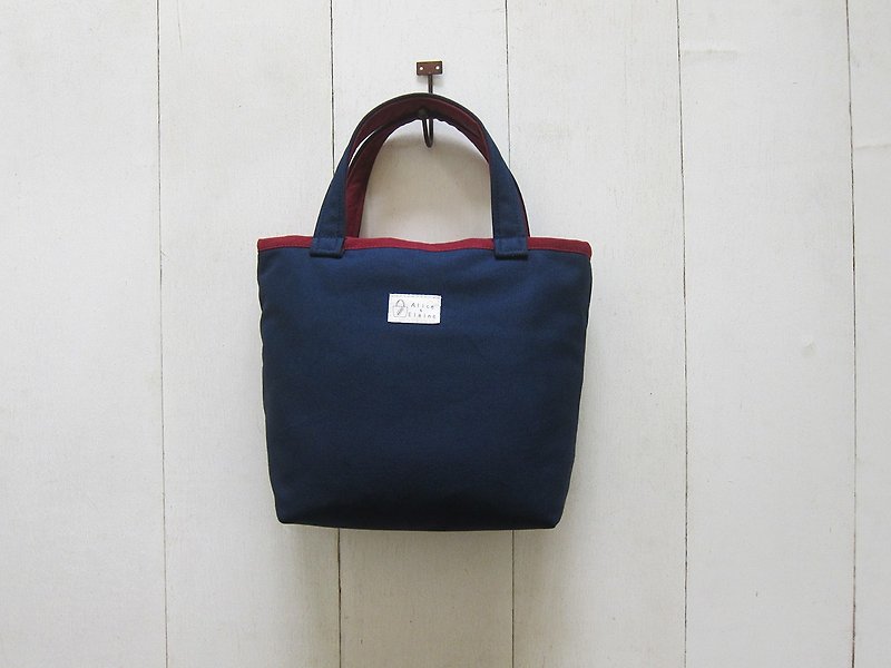 Macaron series - canvas trumpet tote bag navy blue + wine red (zipper opening) - Handbags & Totes - Other Materials Multicolor