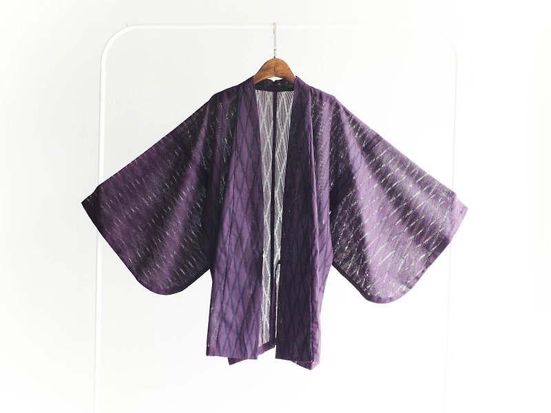 River Hill - Quilted Star psychedelic pattern plume purple yarn woven through antique Japanese kimono jacket vintage - เสื้อแจ็คเก็ต - ผ้าฝ้าย/ผ้าลินิน สีม่วง