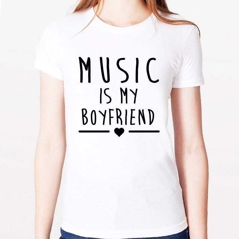 MUSIC IS MY BOYFRIEND短袖T恤-2色 音樂是我的男朋友 設計 文字 - 女 T 恤 - 棉．麻 白色