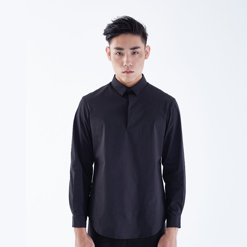 TRAN - Half-flap buttoned shirt - เสื้อเชิ้ตผู้ชาย - ผ้าฝ้าย/ผ้าลินิน สีดำ