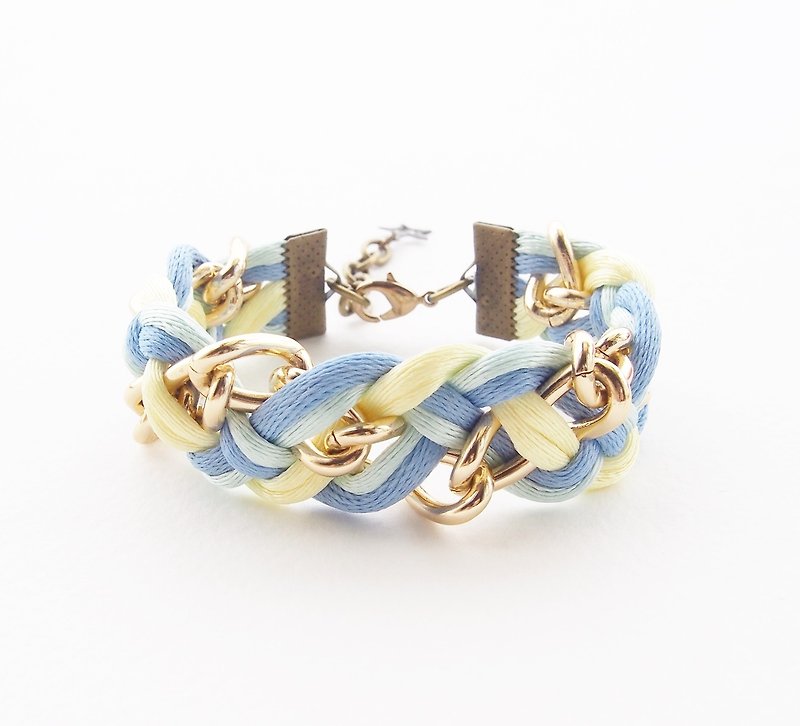Blue ,mint and yellow briaded bracelet with gold chain - สร้อยข้อมือ - วัสดุอื่นๆ หลากหลายสี