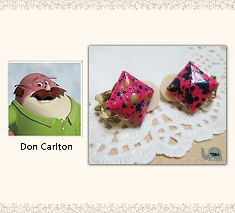 NiCorn手作-怪獸系列復古耳環之Don Carlton配色款(耳夾式) - 耳環/耳夾 - 其他材質 粉紅色
