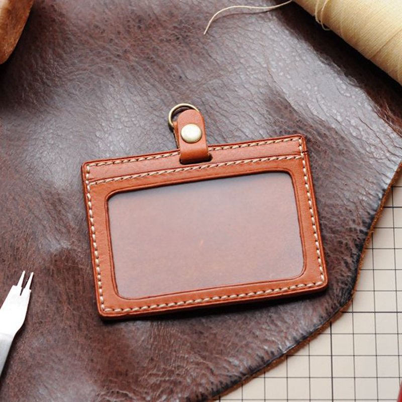 ID Case | Handmade Leather Goods | Customized Gifts | Vegetable Tanned Leather - ID Case + Leather Strap Straight/Horizontal - Other - Genuine Leather Brown