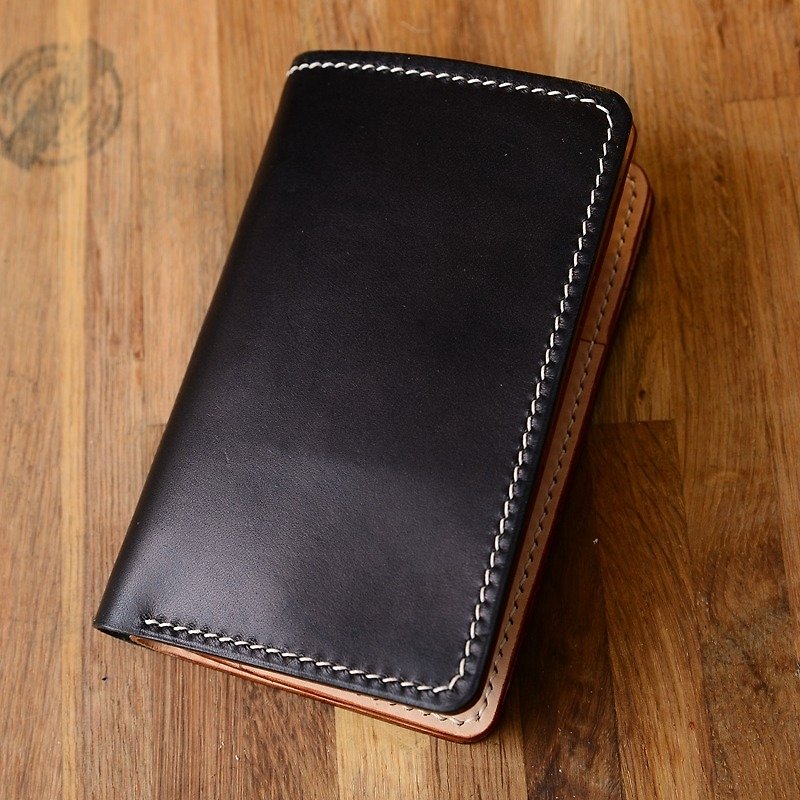 Can handmade Japanese Tochigi saddle leather with natural color vegetable tanned medium-sized cloth two-fold wallet purse customization - กระเป๋าสตางค์ - หนังแท้ สีดำ