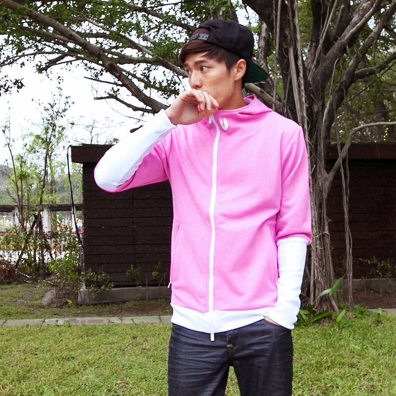 Male threaded sleeve hooded jacket - pink - Men's Coats & Jackets - Other Materials Pink