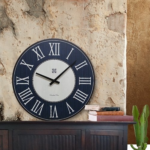 無垢材のレトロな壁掛け時計 -ブルー-グレー- ローマ数字 - ラウンド