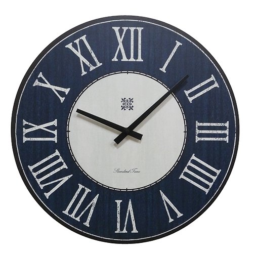無垢材のレトロな壁掛け時計 -ブルー-グレー- ローマ数字 - ラウンド