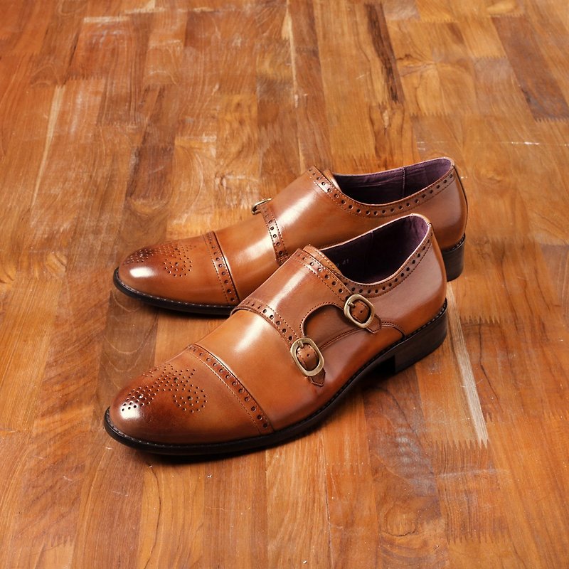 Vanger × PLaiN-me co-branded classic double buckle MENG Shi shoes Va99 retro coffee - รองเท้าลำลองผู้ชาย - หนังแท้ สีนำ้ตาล