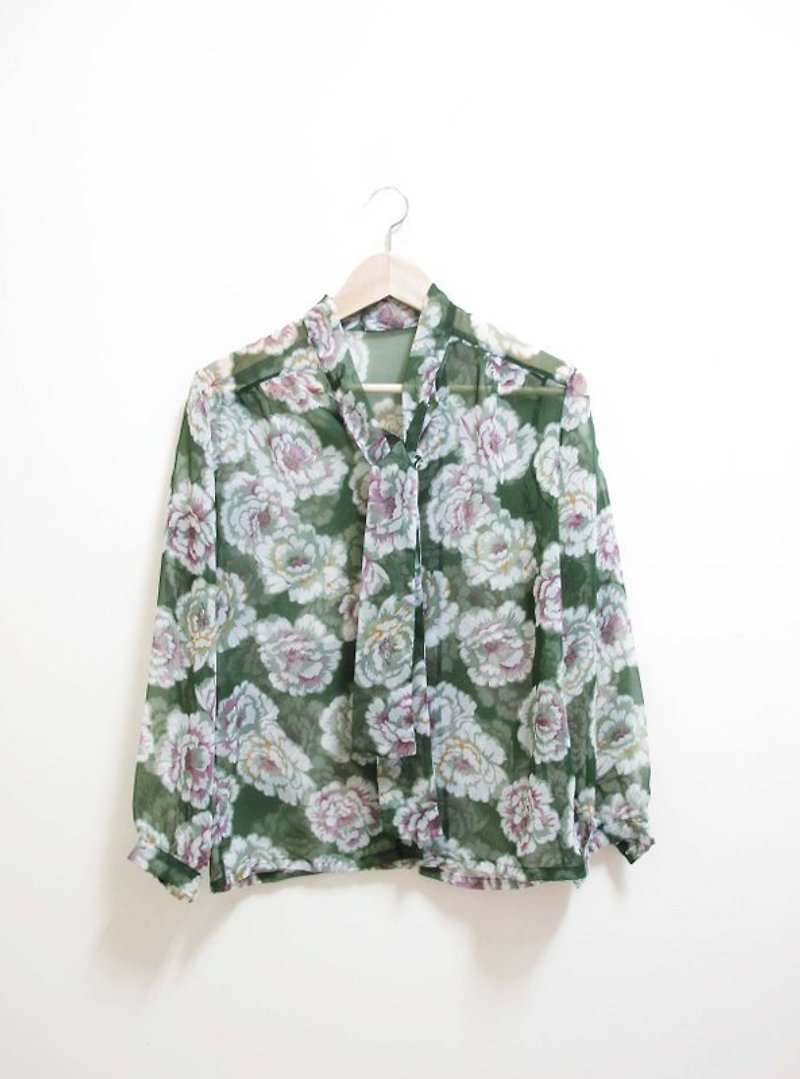 【Wahr】綠牡丹雪紡長袖襯衫 - シャツ・ブラウス - その他の素材 グリーン