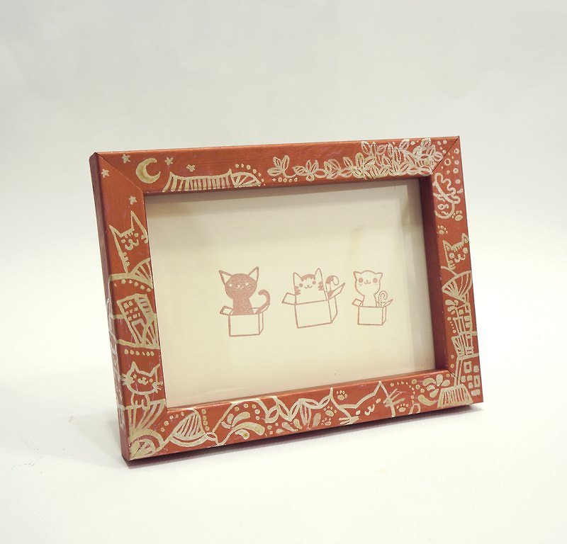 ボックス[+]プリントで手描きフレーム猫の猫 - フォトアルバム - 木製 ブラウン