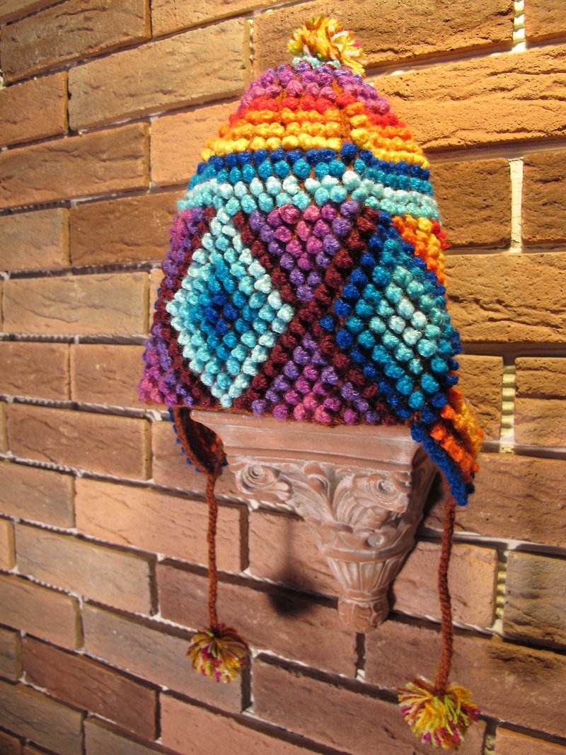 Geometric color gradient three-dimensional knitted wool hat-blue diamond - หมวก - กระดาษ หลากหลายสี