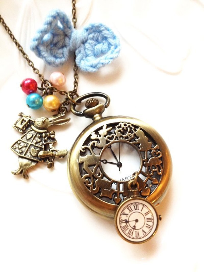 Alice Rabbit clock pocket watch necklace - Necklaces - Other Metals Gold