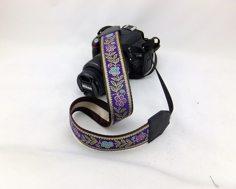 相機背帶 個性客製 可印字 真皮拼接 刺繡花紋  民族風033 - 相機帶/腳架 - 真皮 紫色