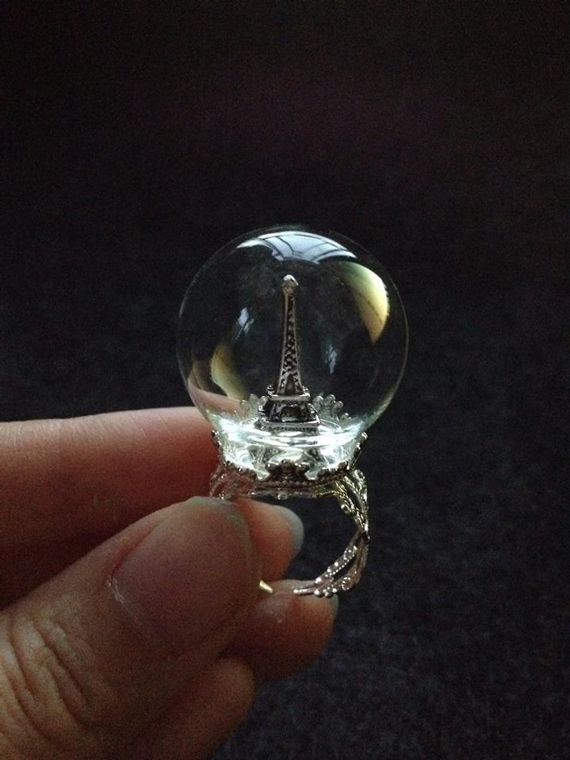 【Imykaka]♥ロマンチックなパリのエッフェル塔の古典的なガラス球シルバーリング - リング - ガラス ホワイト