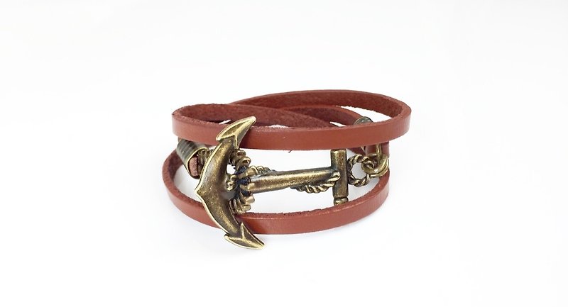 古銅船錨扣環皮繩（情人節款式） - 手鍊/手環 - 真皮 咖啡色
