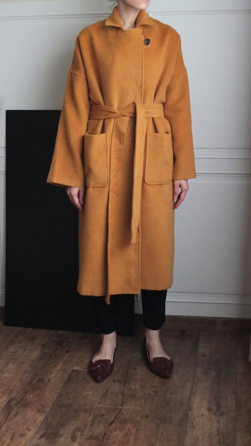 Persimmon Coat Persimmon open belt cashmere wool coat can be customized color - เสื้อแจ็คเก็ต - ขนแกะ สีส้ม