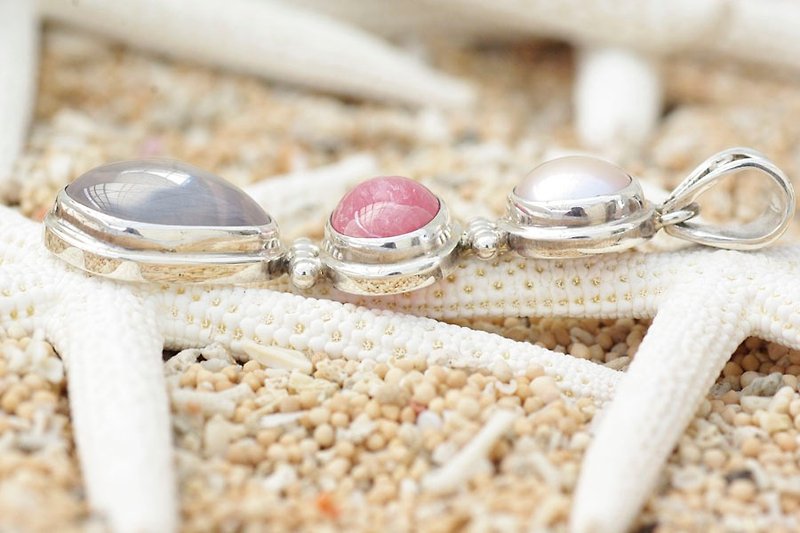 Rhodochrosite, rose quartz, freshwater pearl pendant - Necklaces - Gemstone Pink