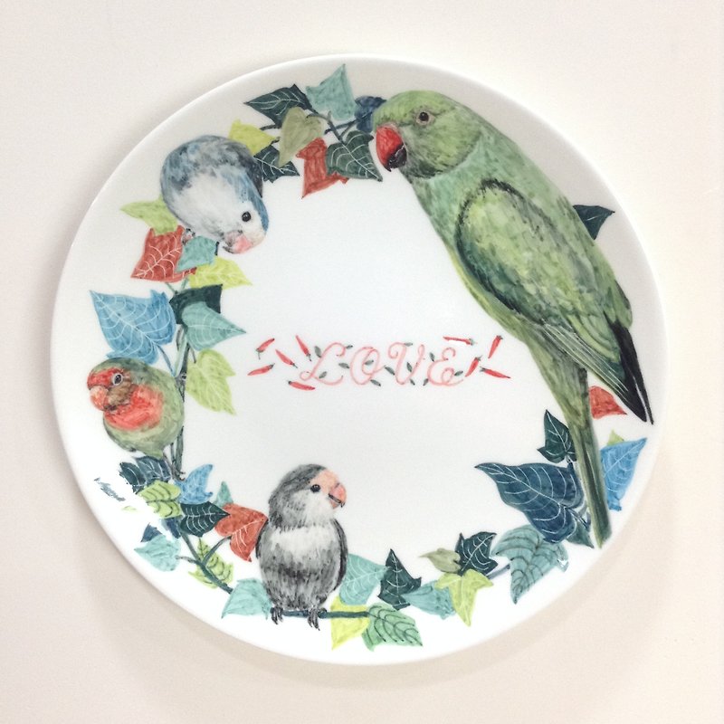 鸚鵡與地瓜葉環 - 手繪 8 吋鸚鵡瓷盤/盛菜盤 - 小碟/醬油碟 - 瓷 多色