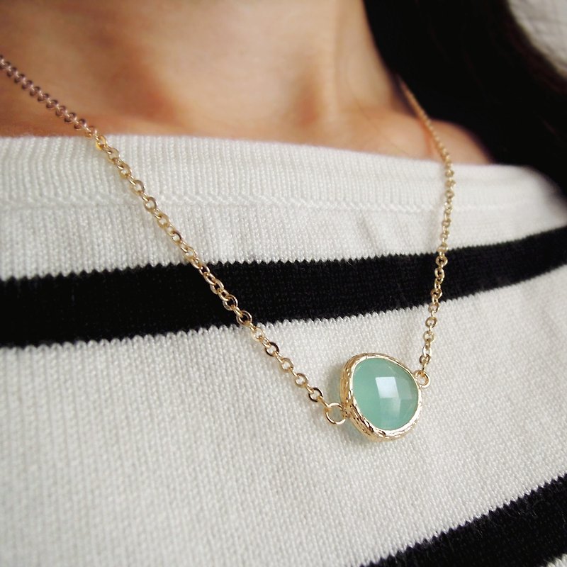 Noble, gold-plated edging glass, imitation gemstone, necklace, mint green (40cm / 16吋) • Gift - สร้อยคอ - เครื่องเพชรพลอย 