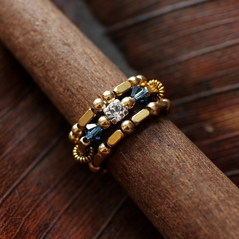 EF黃銅流金歲月NO.100深藍色水鑽戒指套組 - 戒指 - 其他材質 金色