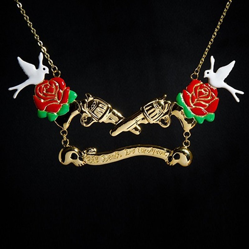 Till Death Do Us part necklace with birds, guns and roses - Necklaces - Other Metals 