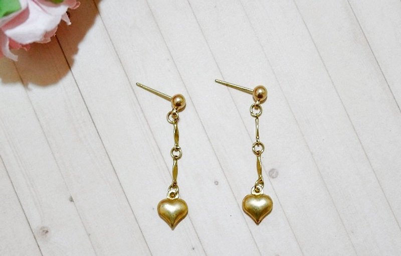 Pure brass * Double Heart * _ pin earrings - ต่างหู - โลหะ สีทอง