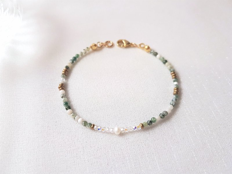 Aqua Stone Bronze Crystal Pearl Beaded Bracelet - สร้อยข้อมือ - ไข่มุก สีเขียว