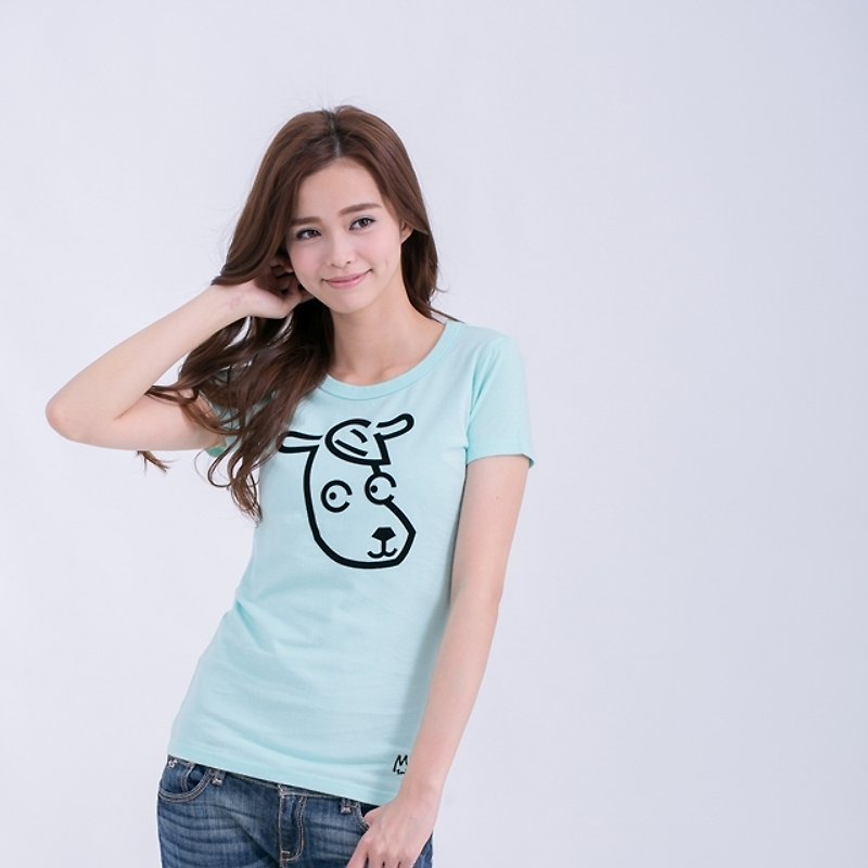 Sheep peach cotton T-shirt Women - เสื้อยืดผู้หญิง - ผ้าฝ้าย/ผ้าลินิน สีน้ำเงิน