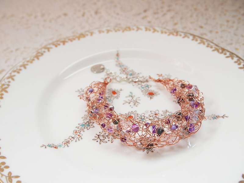 Limited hand-woven romantic rose gold copper wire purple plastic beads purple bracelet - Bracelets - Other Materials Gold
