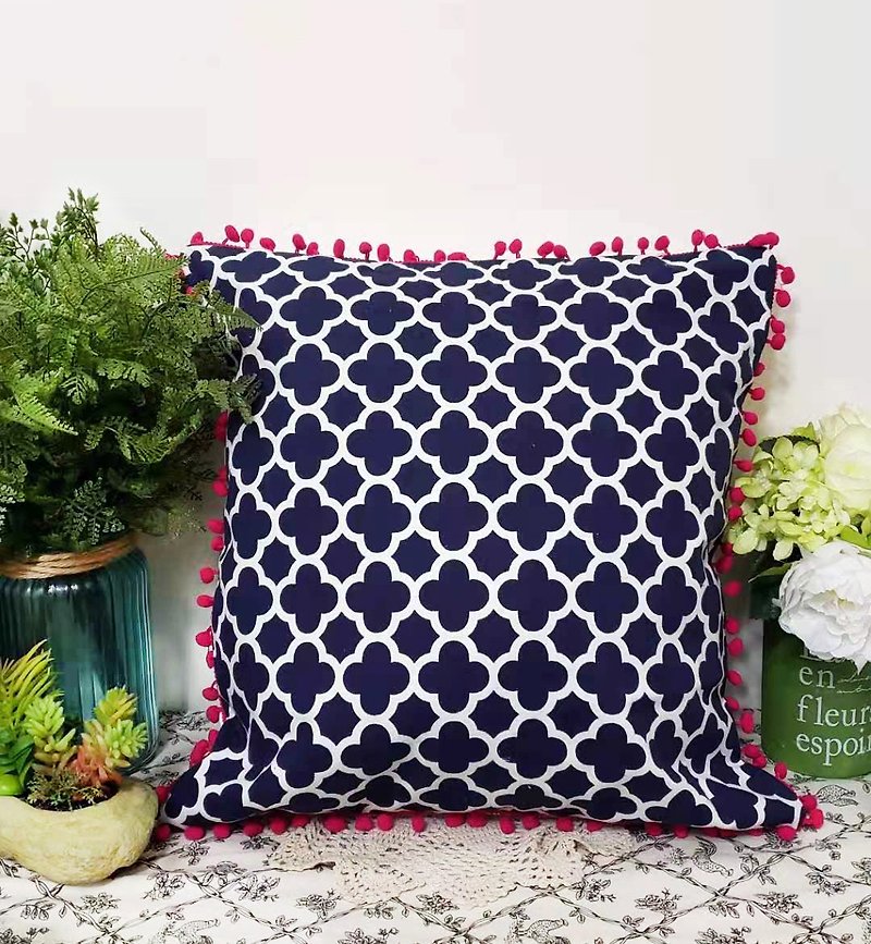 Nordic Style Deep Royal Blue Geometric Pattern Peach Small Hair Ball Pillow Pillow Cushion Cushion Pillowcase - Pillows & Cushions - Other Materials Blue