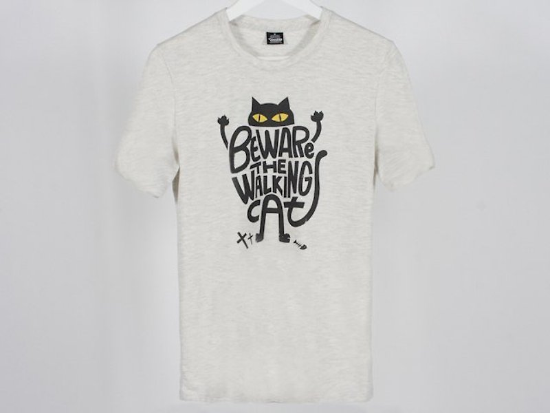 貓咪走路(夜光特別版) Beware The Walking Cat 男生 - T 恤 - 棉．麻 灰色