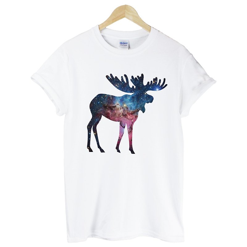 Moose-Galaxy 半袖 T シャツ ホワイト ディア ヘラジカ ファッション ギャラクシー ユニバース デザイン photo - Tシャツ メンズ - その他の素材 ホワイト