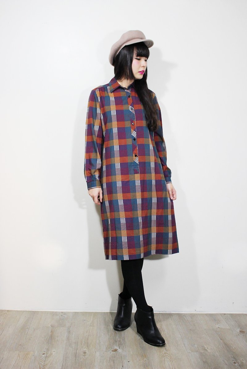 Fairy Farm Factory (Vintage) purple green color plaid long-sleeved silk dress-breasted - One Piece Dresses - Other Materials Blue