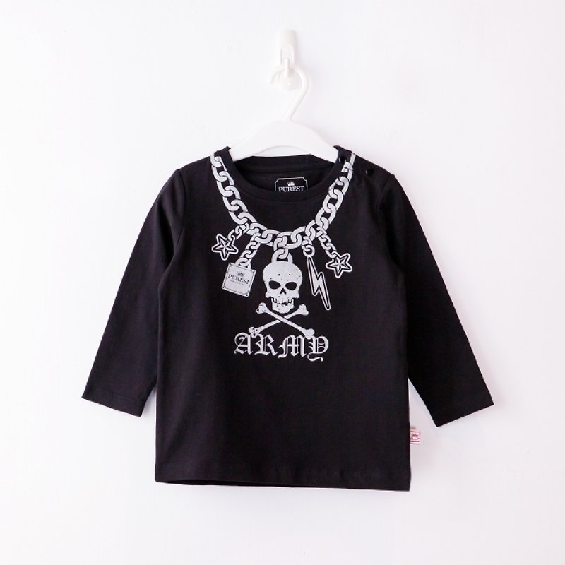 PUREST Rock Skull Necklace/Long Sleeve/Children's Top/T-Shirt/Exclusive Style Design - เสื้อยืด - ผ้าฝ้าย/ผ้าลินิน สีดำ