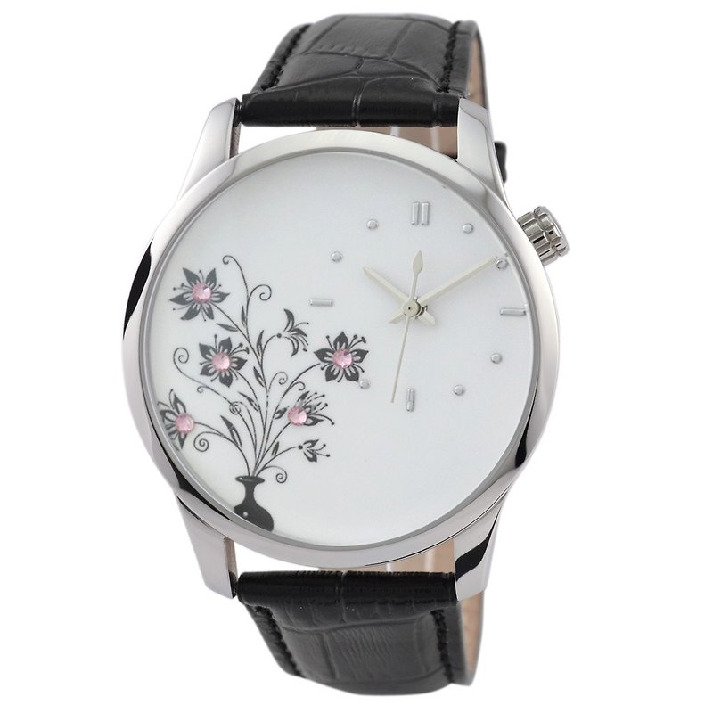 Flower Watch dotted Pink Crystals (Black) - นาฬิกาผู้หญิง - โลหะ สึชมพู