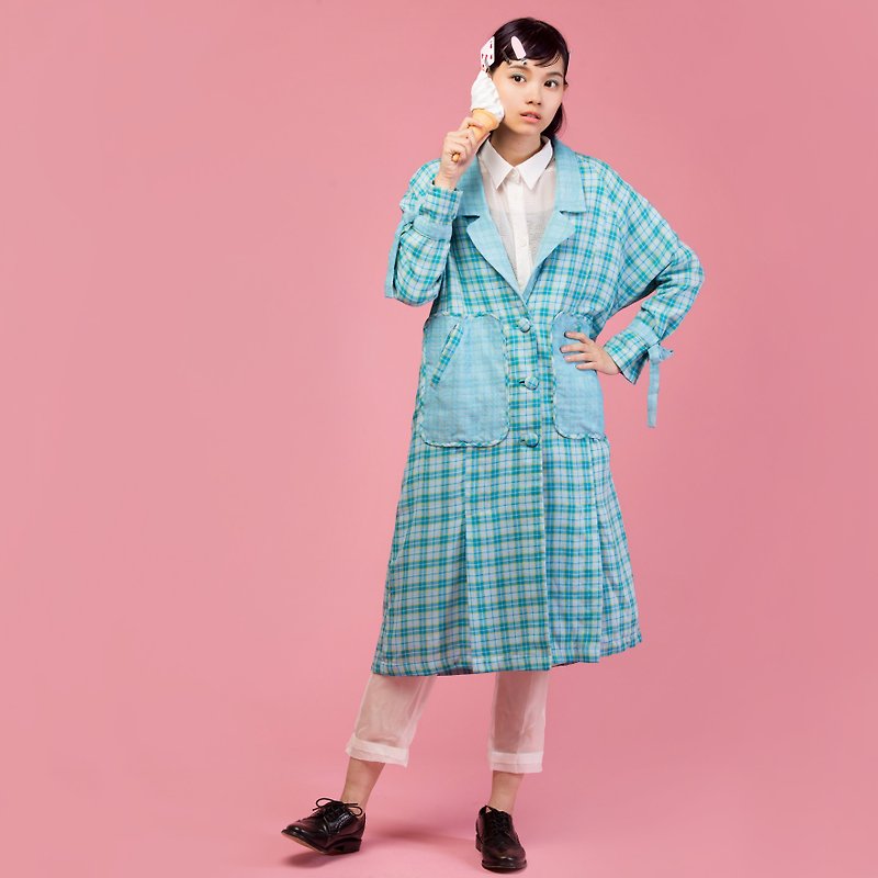 Tan-tan / light blue plaid long coat - Women's Casual & Functional Jackets - Other Materials Blue