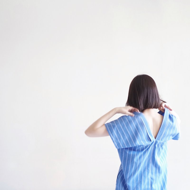 日式水藍 緹花棉洋 - 洋裝/連身裙 - 棉．麻 藍色
