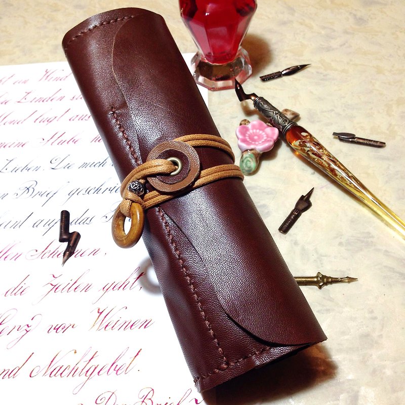 Irregular edge section--hand-stitched natural lambskin pen small volume--(pen applicable) - Pencil Cases - Genuine Leather Brown