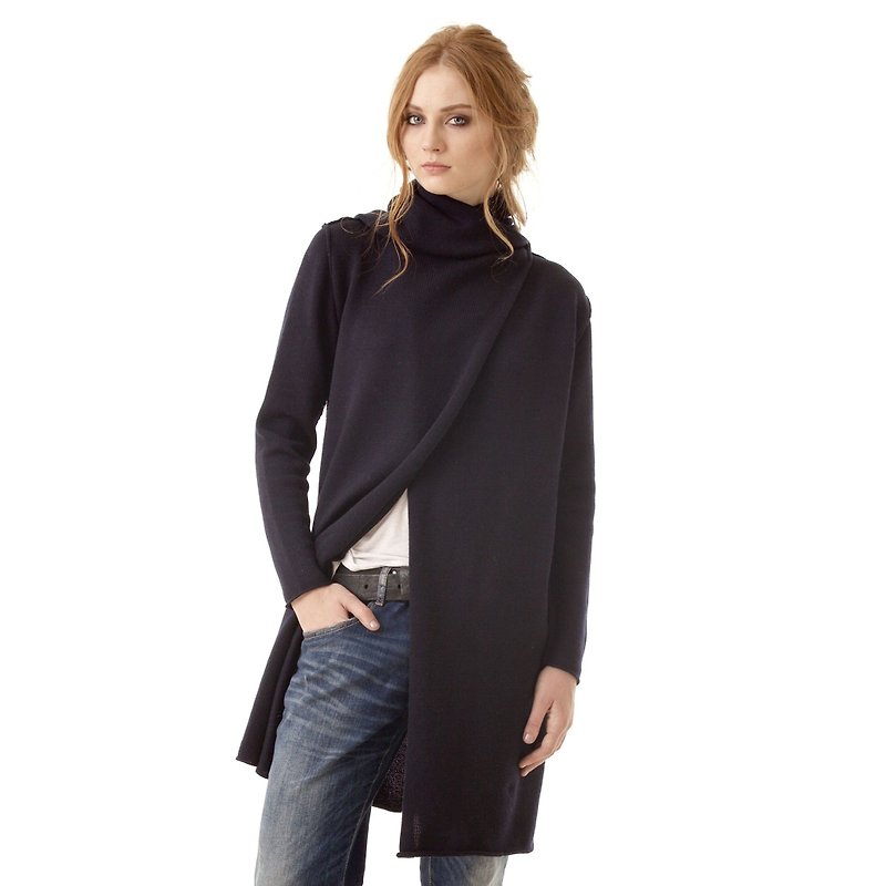 100% merino wool black open front women hooded open wrap cardigan sweater jacket - 女毛衣/針織衫 - 其他材質 黑色