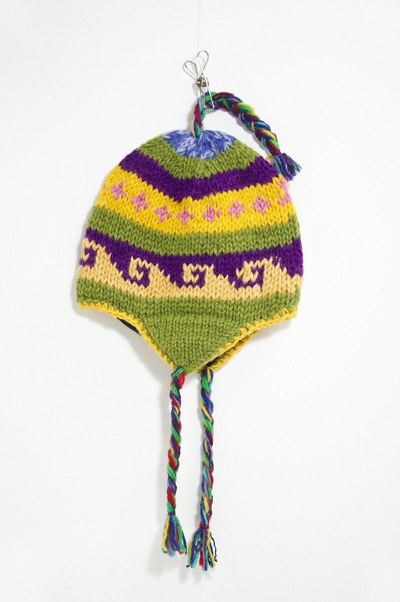 Hand-knitted pure wool hat/flying wool hat/ woolen hat-colorful totem yellow and purple (only one piece) - หมวก - วัสดุอื่นๆ หลากหลายสี