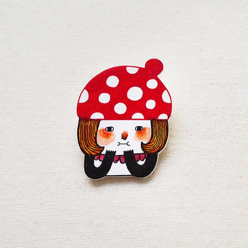 Little Red Mushroom - Handmade Shrink Plastic Brooch or Magnet - Wearable Art - Made to Order - เข็มกลัด - พลาสติก สีแดง