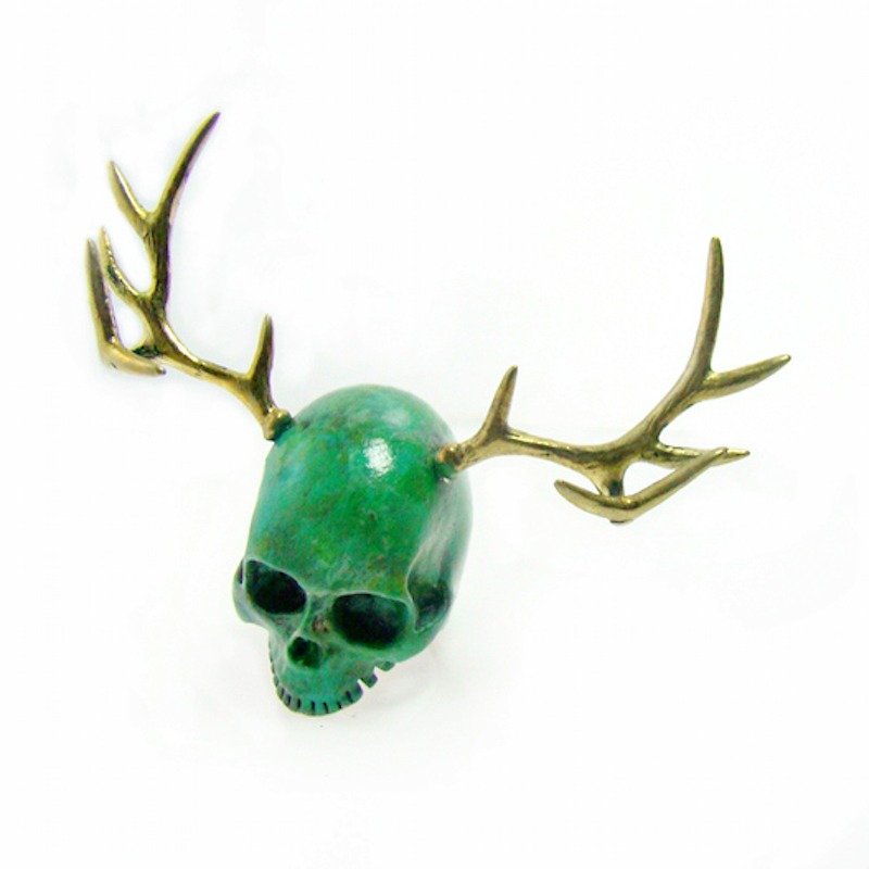 Skull with stag horn ring in brass with patina color ,Rocker jewelry ,Skull jewelry,Biker jewelry - General Rings - Other Metals 