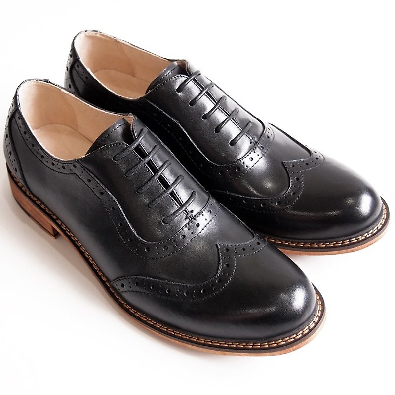 [LMdH] D1A32-99 hand-painted carved wood grain calfskin leather wing with Oxford shoes - Black - Free Shipping - รองเท้าอ็อกฟอร์ดผู้ชาย - หนังแท้ สีดำ