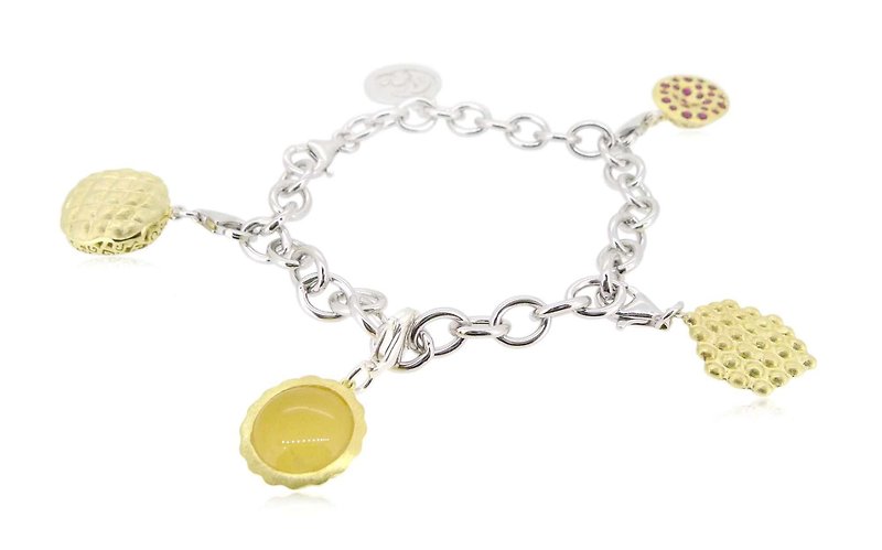 HK033~ 925 Silver Hong Kong Street Snack Charms(X4) With 7.5 inch SilverBracelet - Bracelets - Silver Multicolor